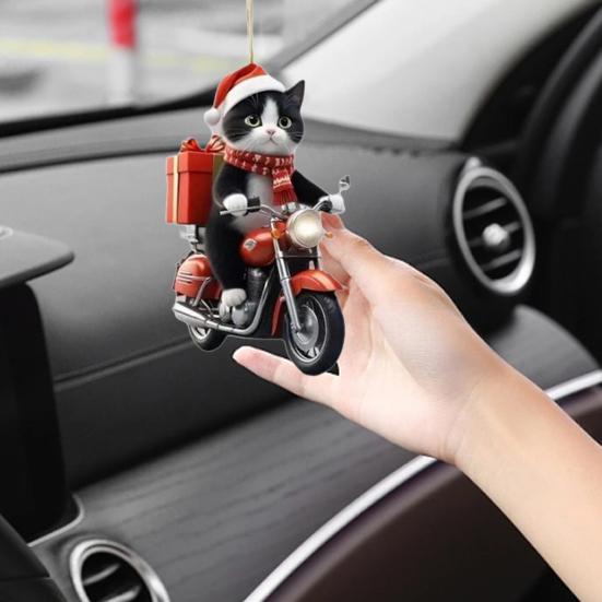 Motorcycle Cat Acrylic Hanging Decoration Home Indoor Christmas Tree Car Rearview Mirror 2D Flat Riding Kitten Hanging Ornament Cartoon Animal Pendant