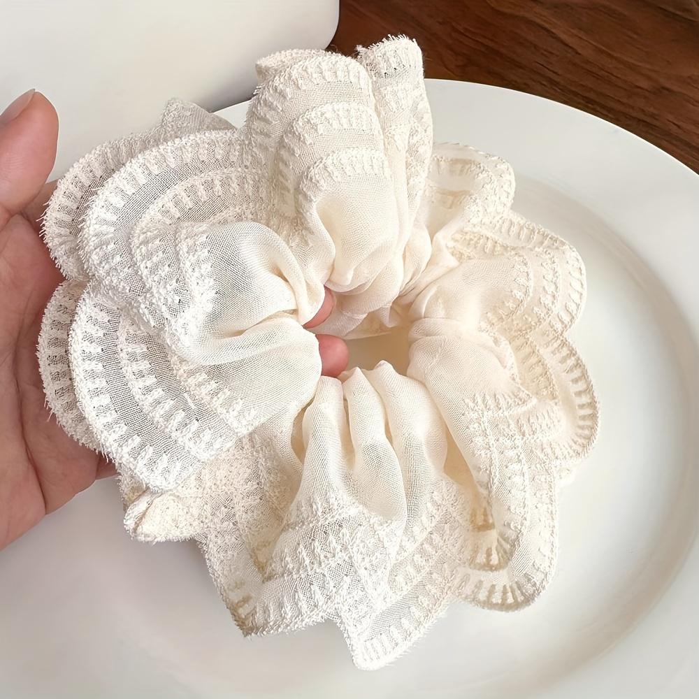 Luxurious Beige Lace Hair Scrunchie for Women - Exquisite Embroidered Minimalist Hair Tie with French Romantic Style, Soft and Breathable Fabric