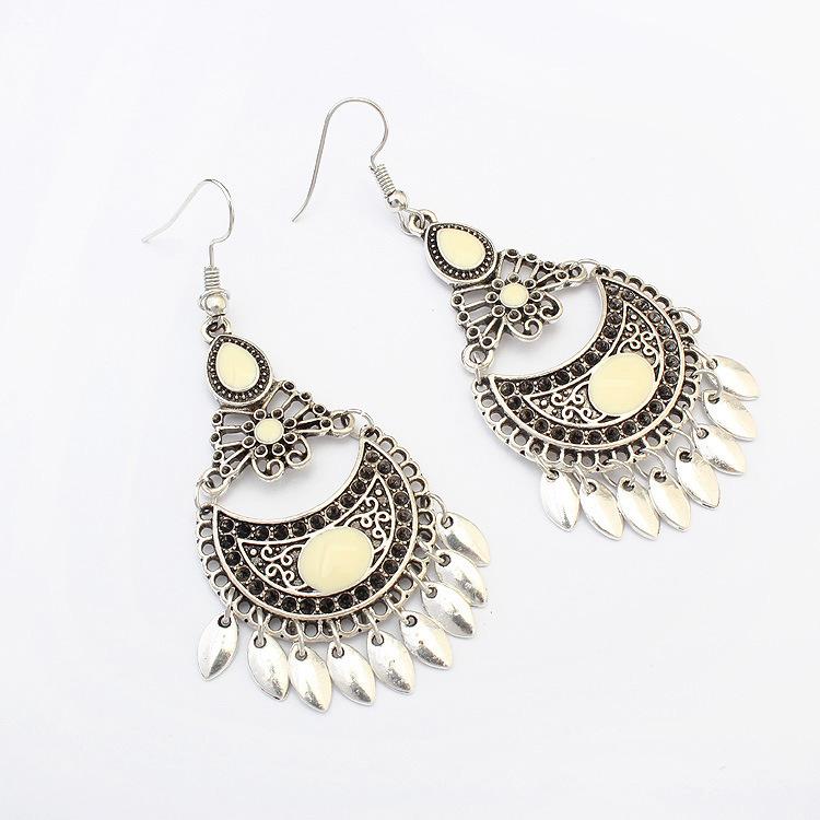 Retro High-end Ancient Silver Fashion Crescent Earrings, Ethnic Style Drop Glaze Long Fringed Earrings, Women's Ear Accessories