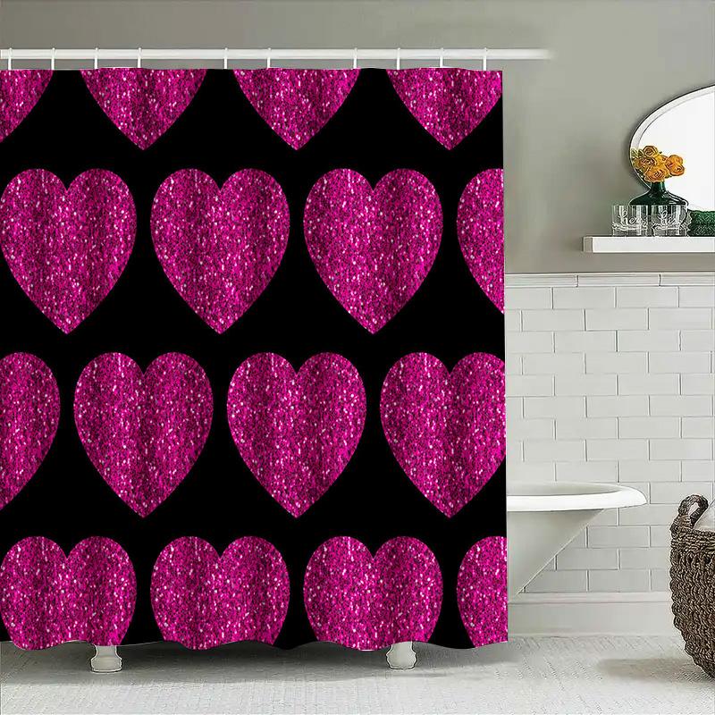 Pink Glitter Hearts Shower Curtain Romantic Decor For Bathroom Polyester Fabric 3D Printed Pattern With Hooks Size: 72X84 Inches
