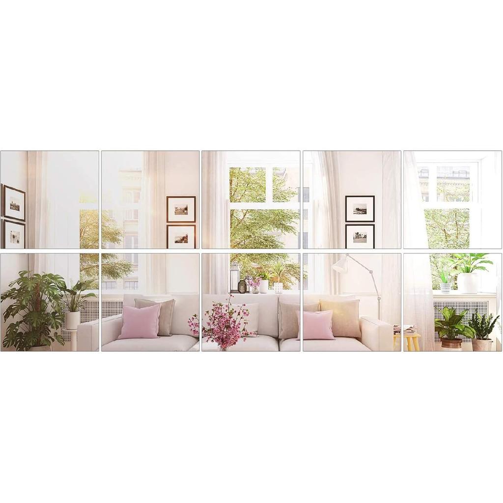 BBTO 10 Pieces Self Adhesive Acrylic Mirror Tiles 6 x 9 Inch Flexible Rectangular Mirror Sheets Wall Stickers for Home Living Room Wall Decor