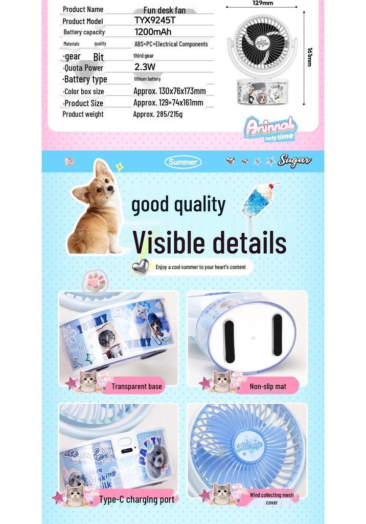 2026 Portable Cartoon USB Desktop Fan: Strong Wind & Rechargeable