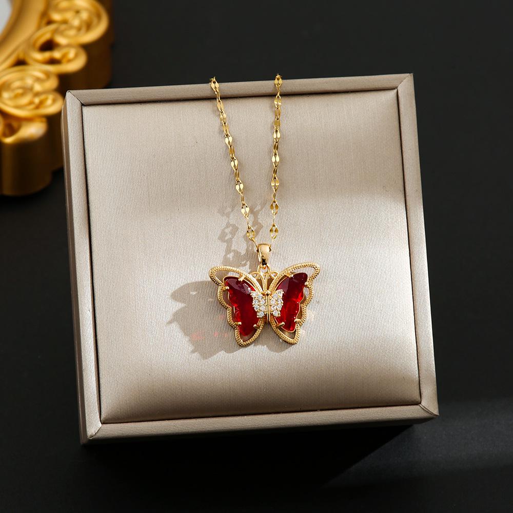 Korean Butterfly Tassel Luxury Diamond Titanium Steel Necklace - Women's Versatile Clavicle Jewelry