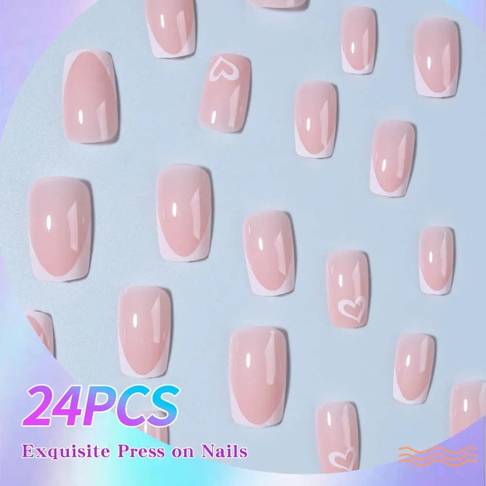 24pcs Short Square French Heart Press-On Nails Kit with Jelly Glue & File