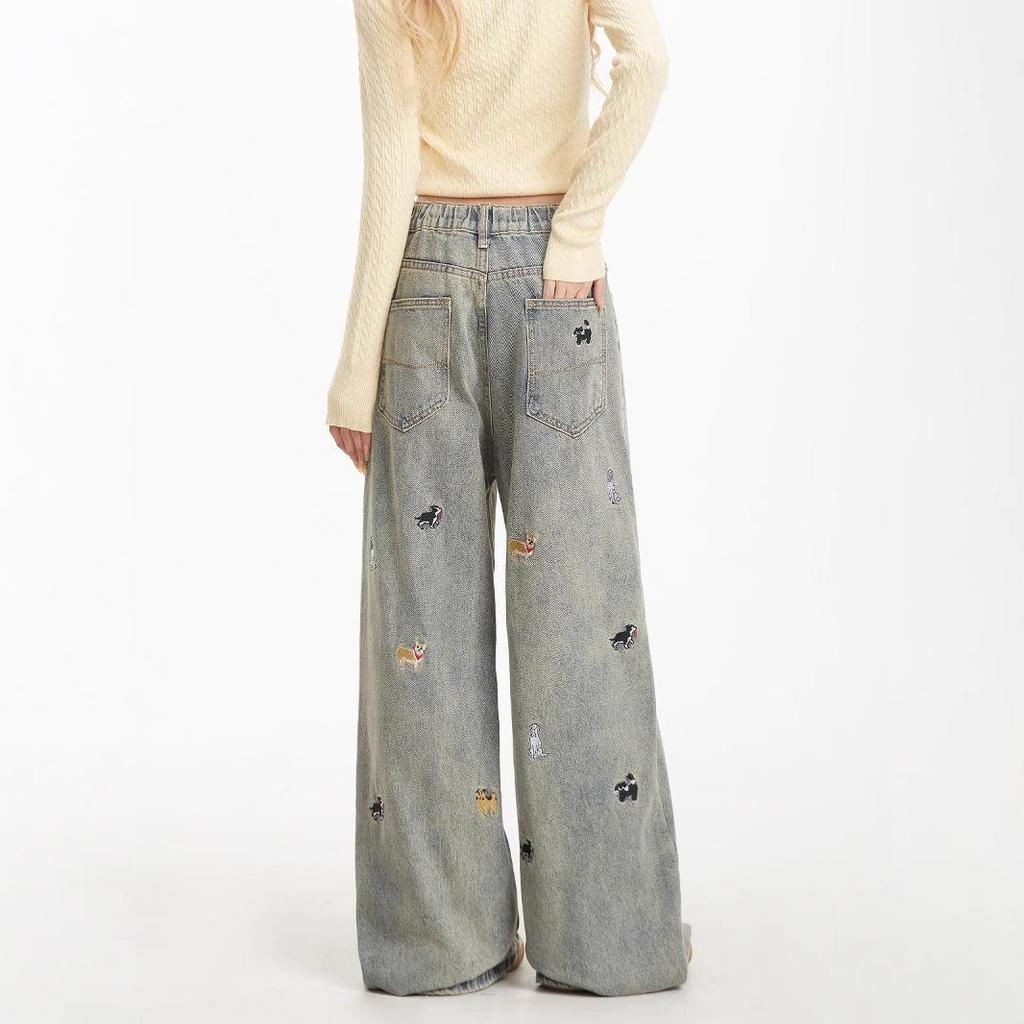 2025 Summer Women's High Waist Embroidered Overalls - European Street Style Punk Wide-Leg Pants