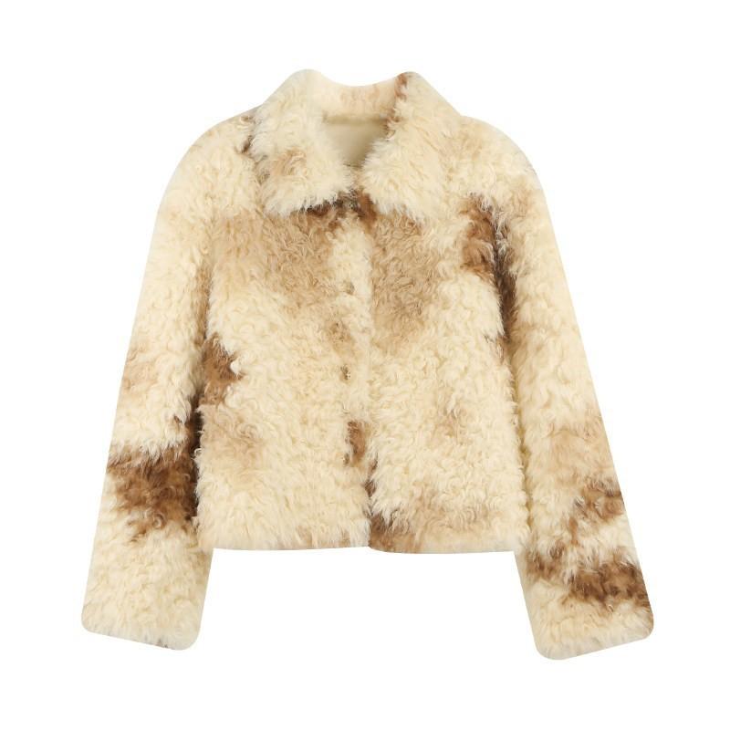 2026 Womens Gradient Color Block Faux Fur Jacket Short Turn Down Collar Thick Warm Winter Coat