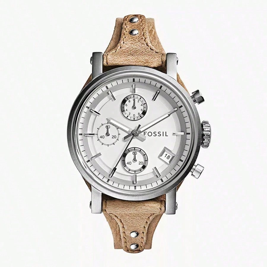Die Herren-Dreizeiger-Quarzuhr verfügt über ein Saphirglasgehäuse und ein Lederarmband, mit Stoppuhr und Kalenderanzeigefunktionen.. Modell ES3625. weiß