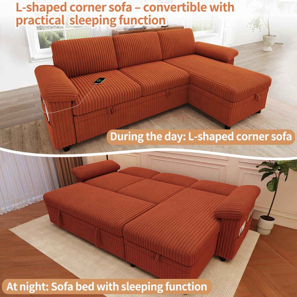 L-Shaped Corner Sofa with Pull-Out Sleep Function; Ottoman with Storage, Left/Right Reversible; Adjustable Backrest; Corduroy Fabric, Orange