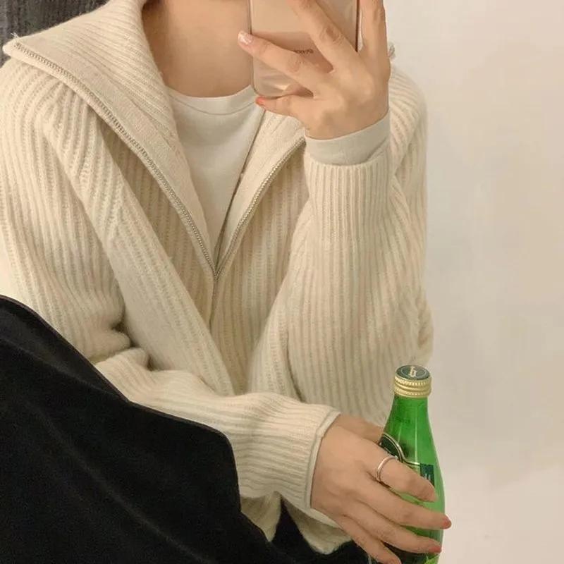 Wool Zipper Cardigan Padded Shoulder Stand Collar Women's Cashmere Knitted Coat