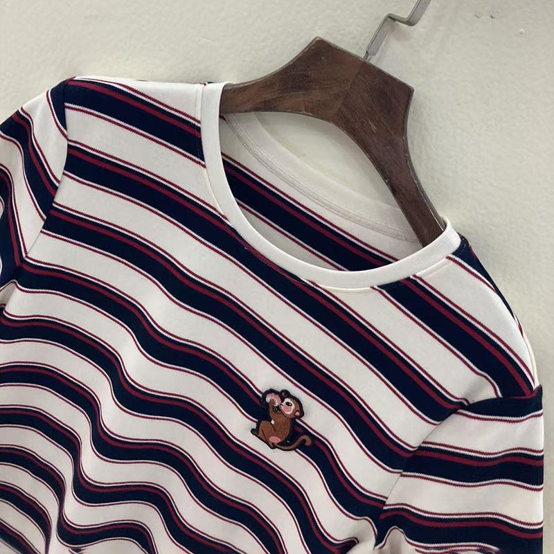 Nanyou Premium Cotton Color Block Stripe Embroidered Short Sleeve Round Neck Knit T-shirt for Women