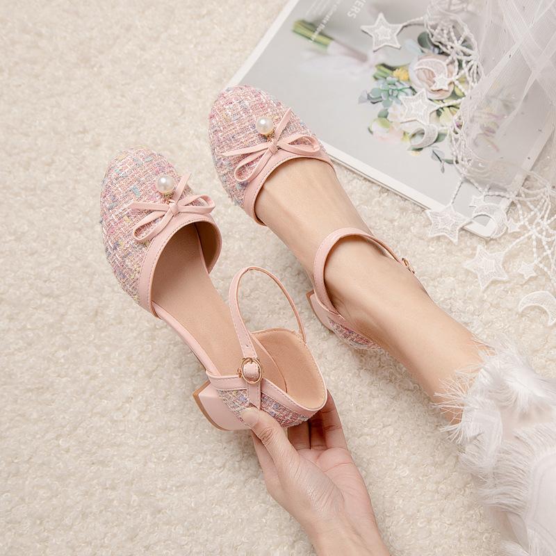 Children Girls High Heel Shoes For Kids Princess Sandals Fashion Bow Thick Heel Shallow Women High Heels For Party Wedding 30-43