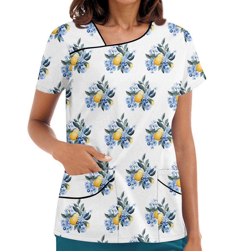 Women's Printed Work Clothes, Sloping Collar And Double Layer Pockets, Basic Top Pullover