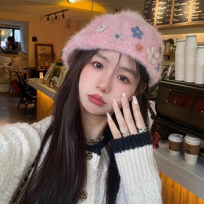 Sweet and Cool Rabbit Fur Beret Female Face Small Autumn and Winter New Fashion Flowers Cute Anti-wearing Forward Hat Tide