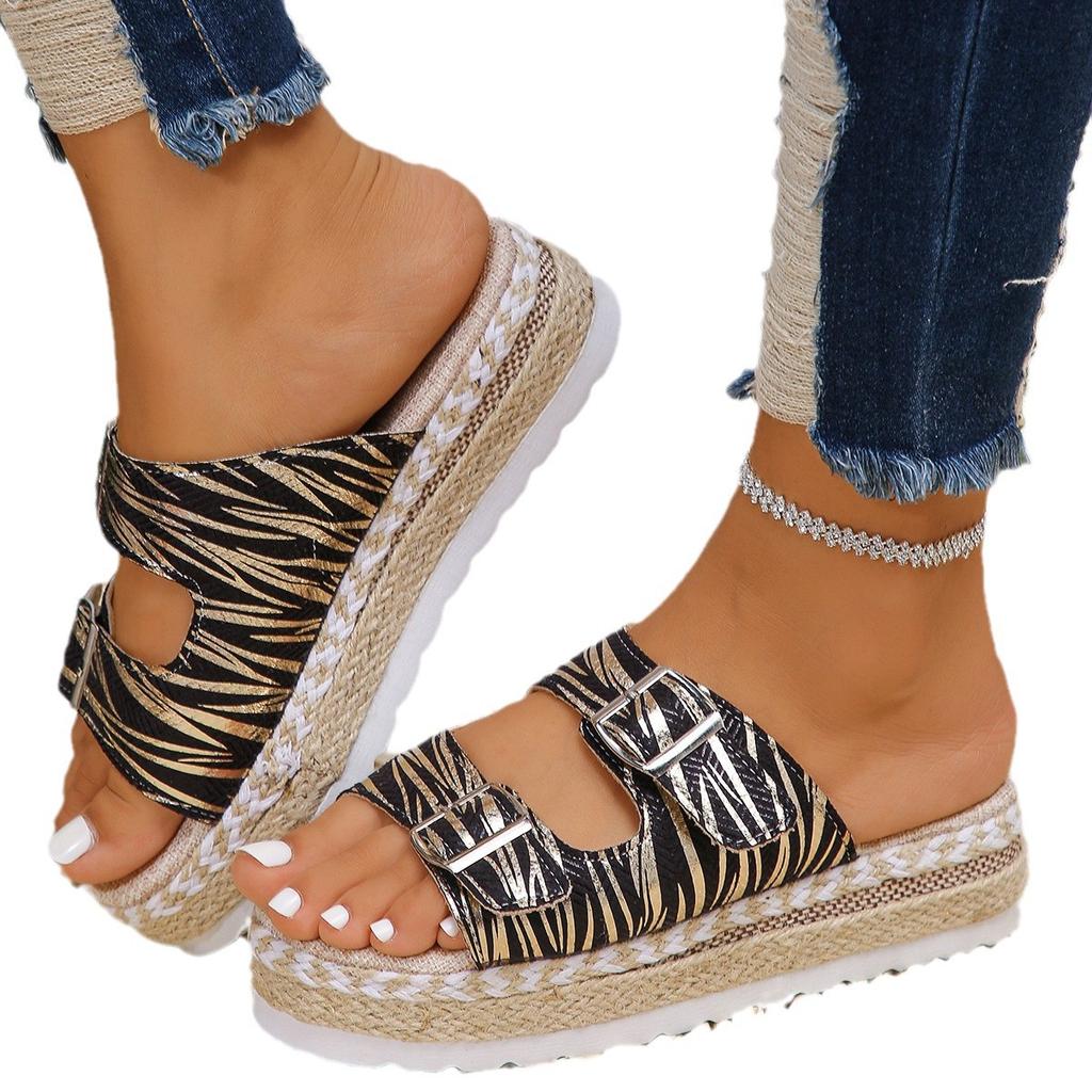 Large size thick bottom summer women's outer wear belt buckle open toe one-word drag hemp rope woven bottom large size sandals