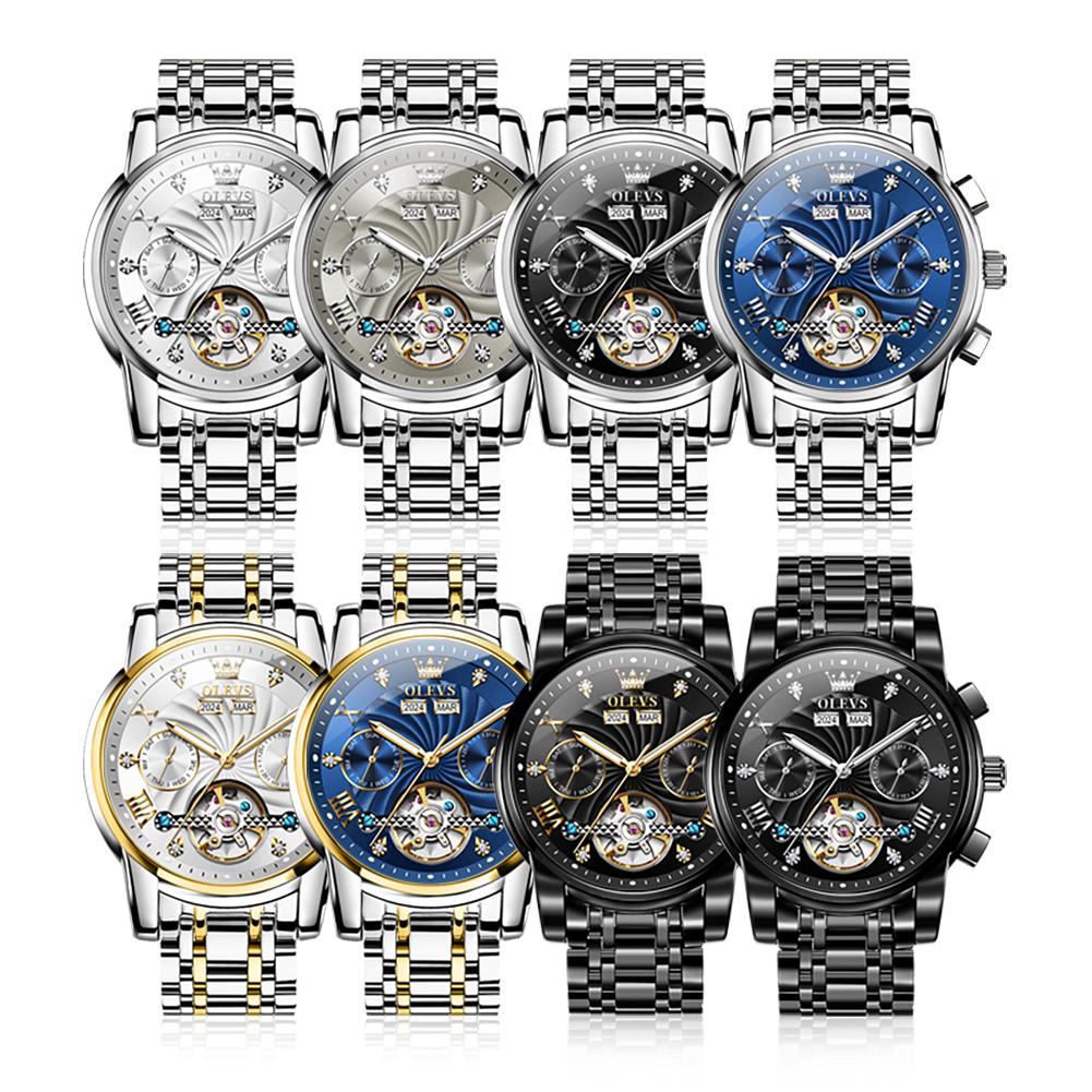 OLEVS Men's Watches Luxury Fashion Fine Steel Original Automatic Mechanical Watch for Man Flywheel Movement Calendar Waterproof
