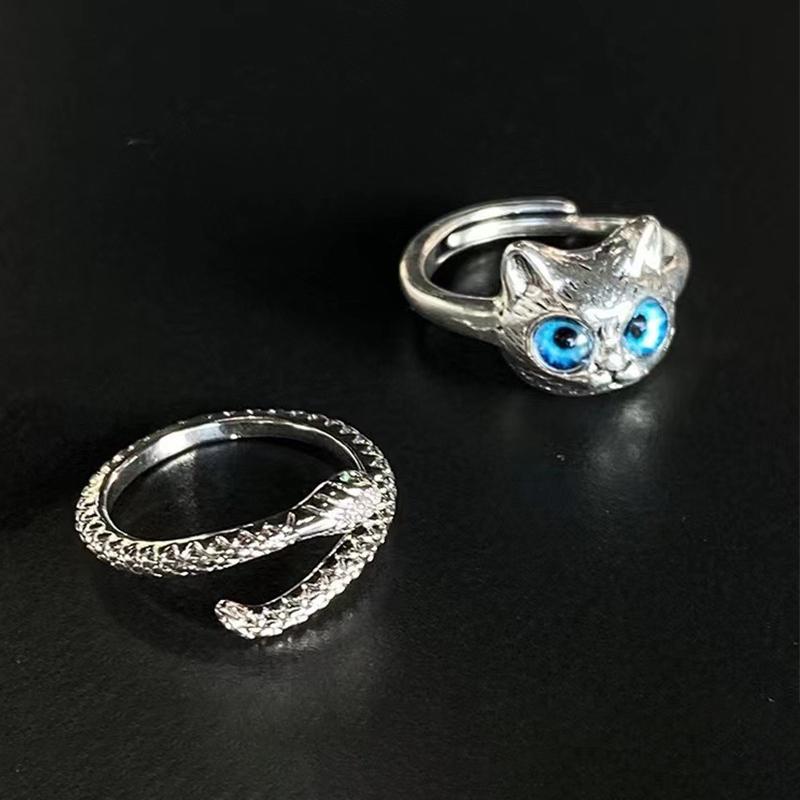 Vivid Cute Silver Color Cat Snake Open Rings For Women Girls Adjustable Finger Ring Gothic Cool Animal Jewelry Gifts