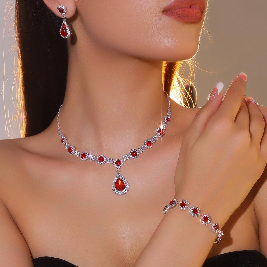 Luxury Sparkling Diamond Exquisite Necklace Earrings Bracelet Three-piece Fashion Water Drop Bridal Jewelry Set