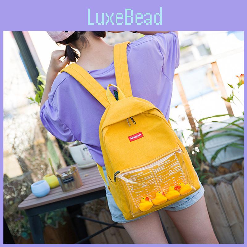 Durable Canvas Womens Backpack With Fun Duck Toy And Transparent School Bag Design