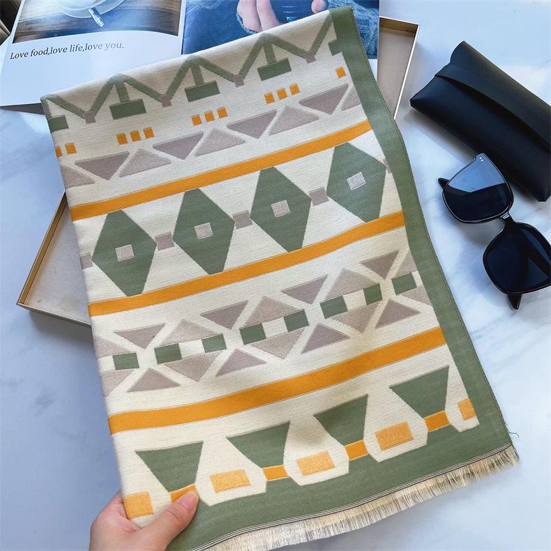 2024 Herbst/Winter Neuer Farbblock-Imitat-Kaschmir-Quastenschal für Damen, verdickter, warmer, doppelseitiger Jacquard-Wollschal