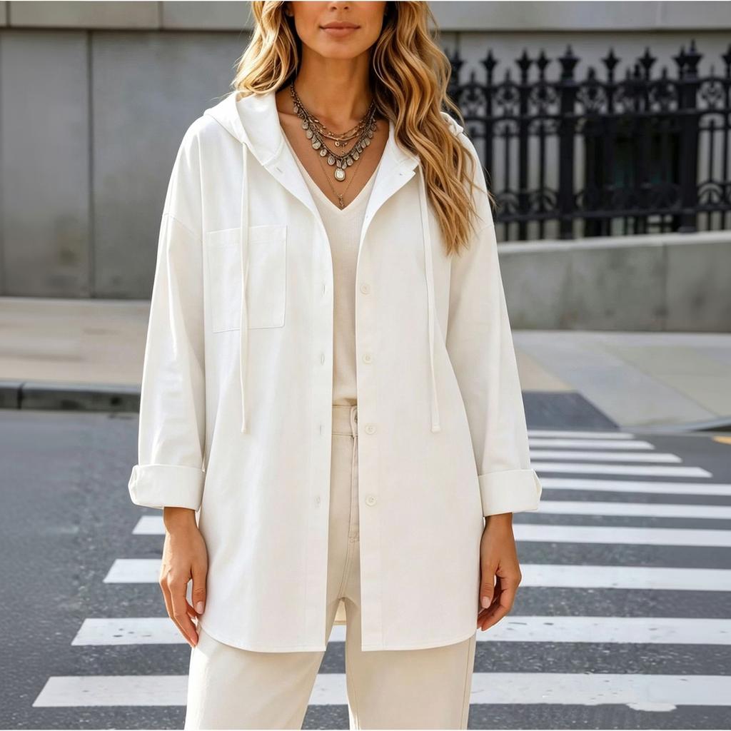 Women's Loose Fit Hooded Cargo Jacket Long Sleeve Color Mid Length Drawstring Shirt Jacket