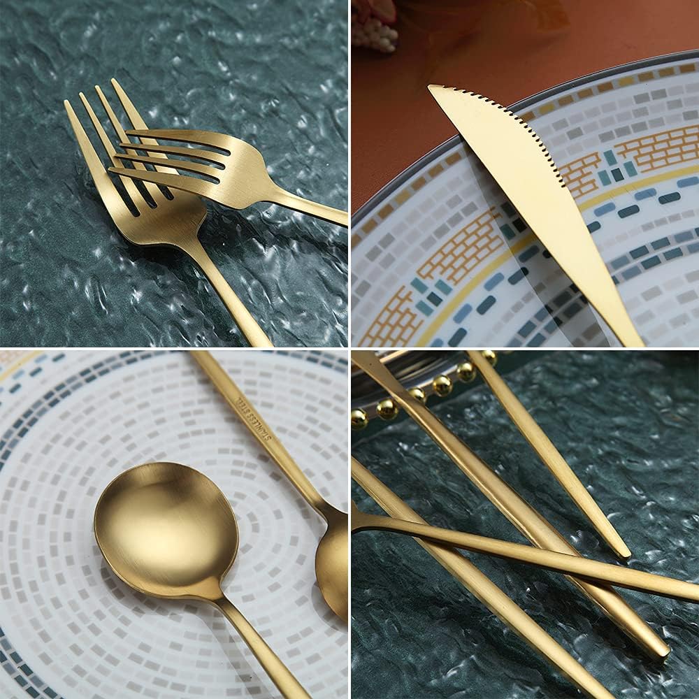 Matte Gold Silverware Set 20 Pieces, Stainless Steel Golden Flatware Set, Titanium Plating Cutlery Set, Matte Gold Utensil Sets, Service Set for 4