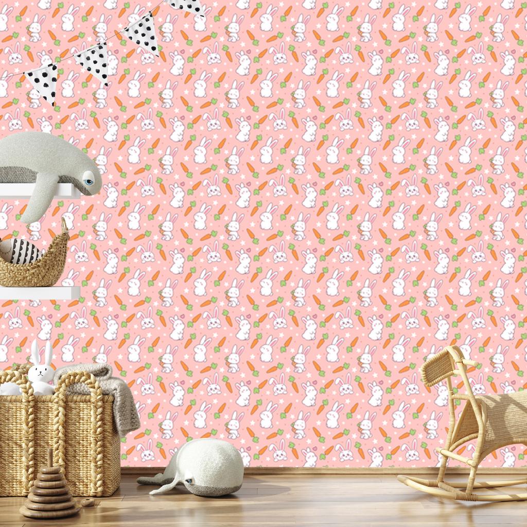 Rabbits Wallpaper Coral, White and Peach for Living Room and Bedroom 50x1000