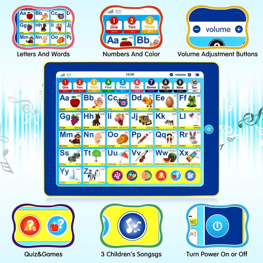 6-in-1 Kids Tablet with ABC/Words/Numbers/Color/Games/Music - Interactive Educational Electronic Toys Makes Learning Fun, Toddler Learning Toys Gifts