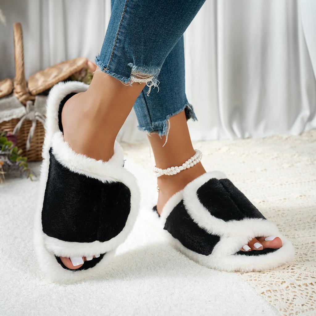 Mode Damen Flauschige Hausschuhe Outdoor Slip Warme Pantoletten Damen 2025 Neu Fellige Zehenfreie Indoor-Hausschuhe Weich Plüsch Gemütlich Uni Hausschuhe