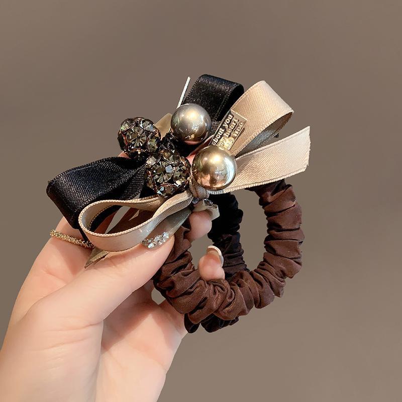 Light Luxury Hair Tie Retro Pearl Leather Band Bow High-end Large Intestine Hair Band Autumn and Winter Hair Tie Leather Cover