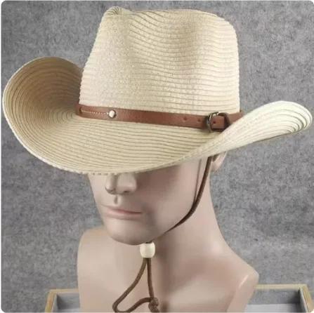 57-62cm Western Cowboy Hat - Stylish Jazz Sun Hat for Men & Women, Wide Brim Beach Hat with Windbreak Rope