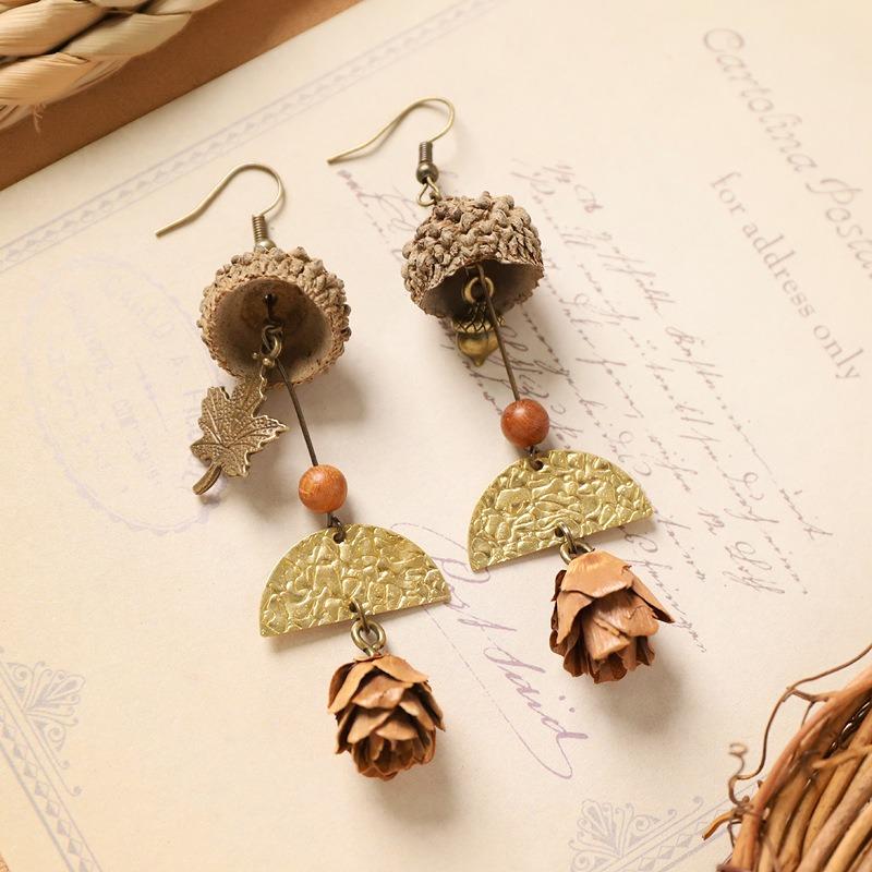 Retro natural plant earrings handmade creative niche acorn fruit long fringed design women's earrings