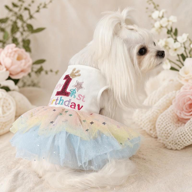 Pet Birthday Dress With Rainbow Gradient Star Mesh Crown Tutu Teddy Bichon Outfit