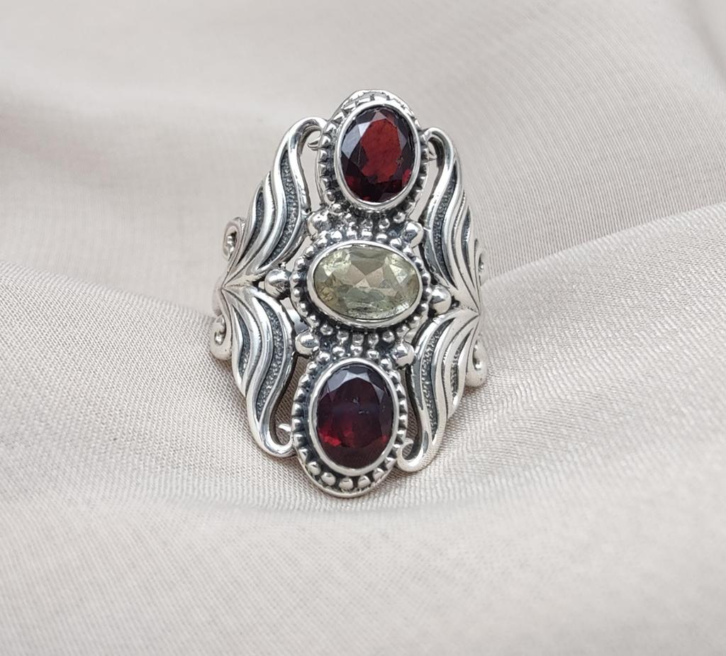 Garnet & Lemon Quartz 925 Sterling Silver Ring: Vintage Boho Statement Jewelry