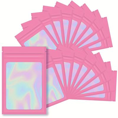 100 Colorful Holographic Reusable Self-Adhesive Storage Bags, Deodorant Resistant Bags, Aluminum Foil Polyester Film with Clear Window Wraps