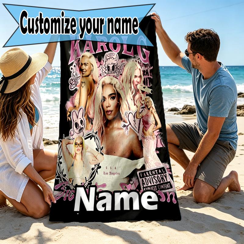 Custom Name Personalized Karol G Print Beach Towel, for Trip Camping Beach Party Home Decor, Birthday Gift for Family & Friends