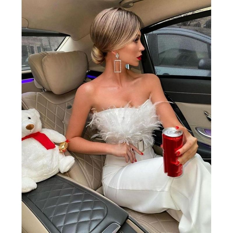 

Sexy Birthday Party Feather off-the-Shoulder Stitching Jumpsuit Sexy Party Strapless Jumpsui white white L
