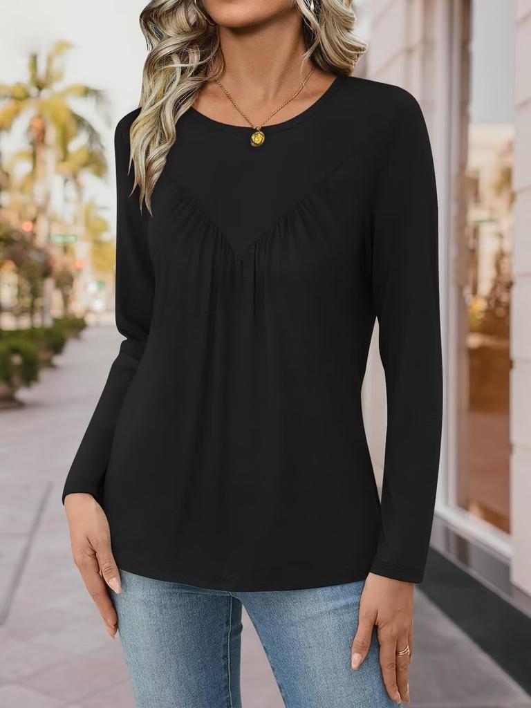 Women's T-shirt, Solid Color, Round Neck, Long Sleeve, Irregular Button, Hem Top