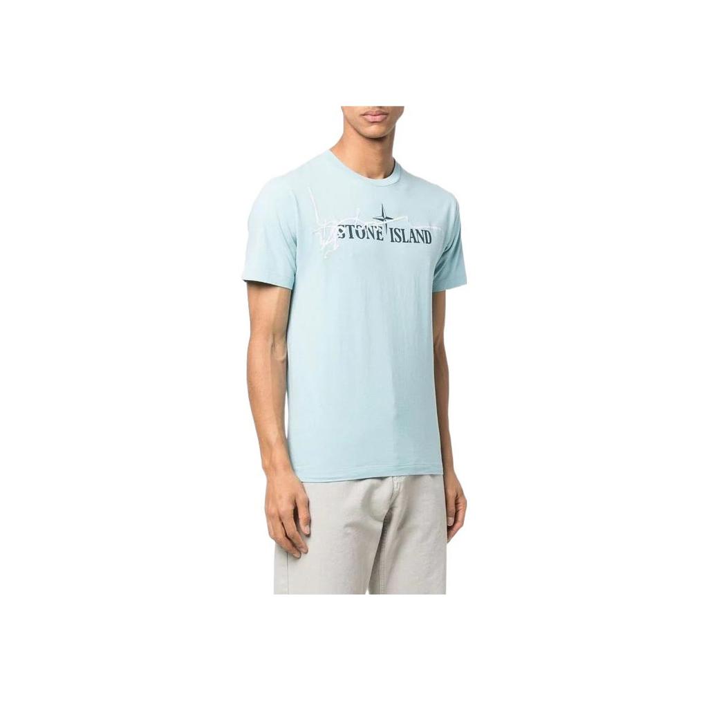 Stone Island Ss22 Solid Color Logo Print Crew Neck Short Sleeve T-Shirt Men Tops Ice-Blue 76152NS80-V0044