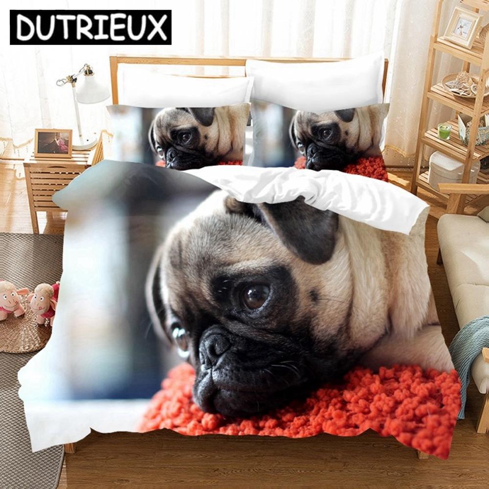 Cute Pugs 3D Duvet Cover King Size Animal Dog Printed Black White Quilt Cover Pillowcase Set Custom Bed Linen Kids Bedding Set