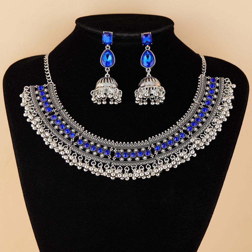 European & American Retro Rhinestone Beaded Tassel Earrings & Necklace Set