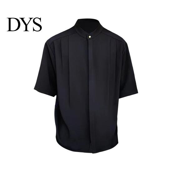 Formal Men Shirt Summer Stand Collar Ice Silk Solid Color Pleated Loose Fit Everyday Top Cardigan Half Sleeves Mid Length Casual Business Mature