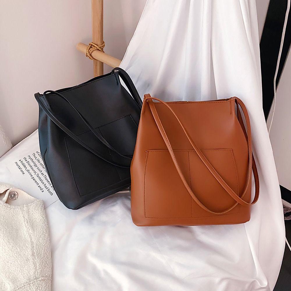 PU Leather Shoulder Bucket Bags Large Capacity Korean Style Tote Bag  Women Girls