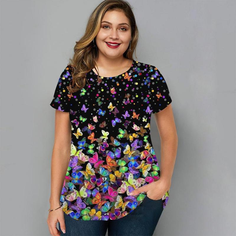 Summer Round Neck 3D Floral Butterfly Printed Top Fashionable Casual Short Sleeved Women's Plus SizeT-shirts