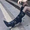 Studded Metal Buckle High Boots Autumn New Pointed Toe Zip Stiletto Heel Women'S Single Shoes