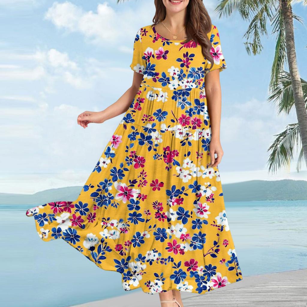 Women's Casual Loose Bohemian Floral Print Short Sleeve Dress