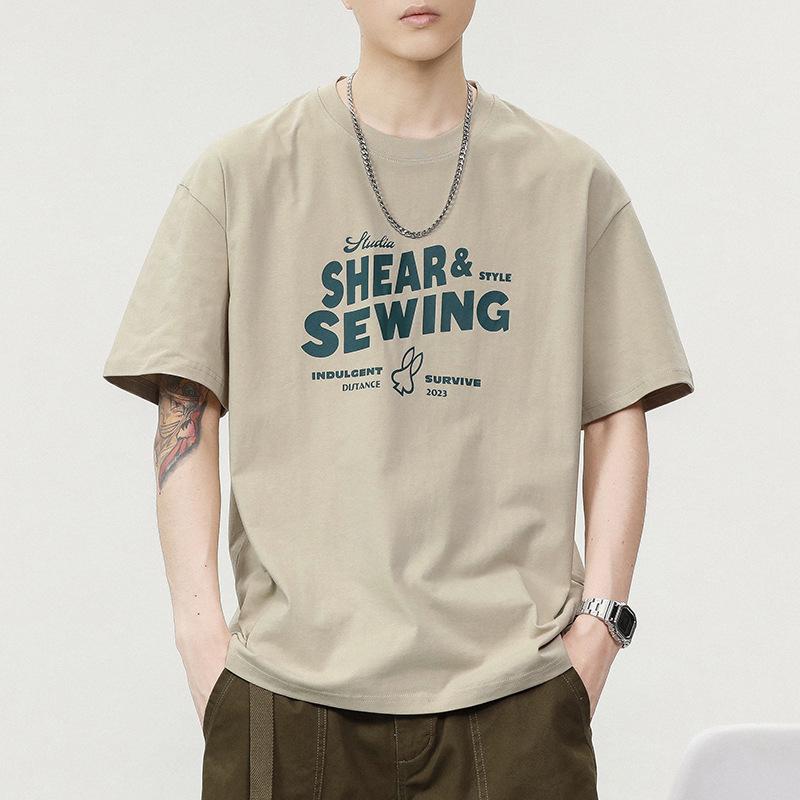

280g Heavyweight Pure Cotton Men s Retro Short Sleeve T-Shirt with Brand Lettering 2XL білий