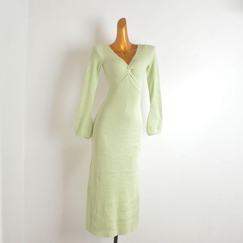 

Sexy Sexy Twisted Knitting Dress Women s Spring Fall and Winter New Arrival Silm Slimming Long Bottoming Sweater A- line Skirt Light green S/M