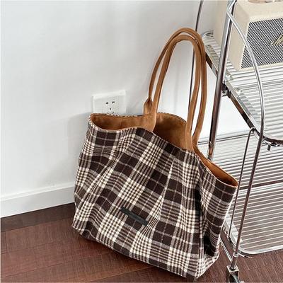 Korean Retro Woolen Plaid Double-sided Back Tote Bag Women's 2025 Autumn and Winter New Academy Large-capacity Shoulder Bag