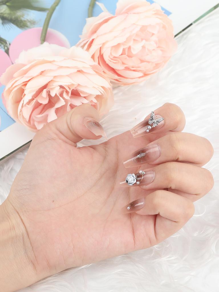 Brown Smudging False Nails with 3D Rose Setting Ultra-flexible Long Lasting Fake Nails for Manicure Lovers and Beauty Bloggers