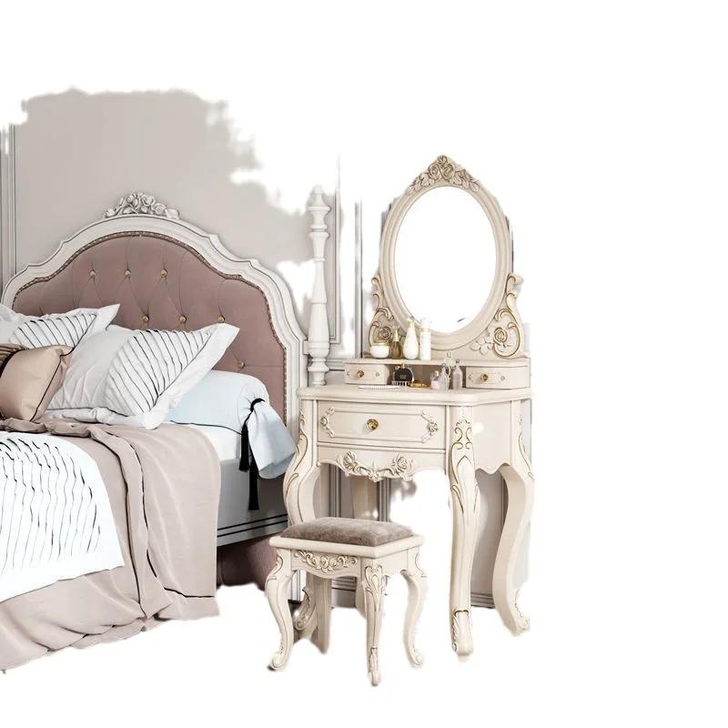 European Dressers Vanity Table Set with Mirror White Makeup Desk with Drawers & Stool - Small Wood Dressing Table for Bedroom